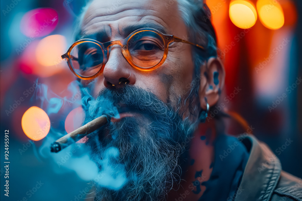 Poster a man with a beard and glasses smoking a cigar