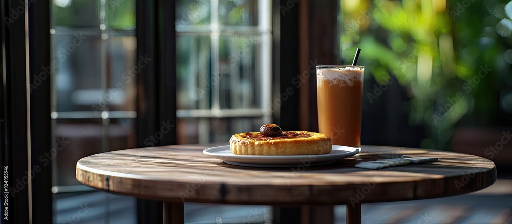 Fototapete a simple breakfast and a cold drink on a wooden table beside a glass door sausage pie on a round whi