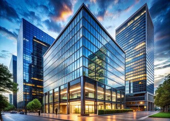 Obraz premium Contemporary high-rise office building with sleek glass and steel facade, showcasing corporate excellence and professional sophistication in a bustling urban environment.