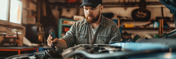 A dedicated mechanic in a denim jacket and cap is working under the hood of a car in a busy garage, showing hands-on repairing skills.