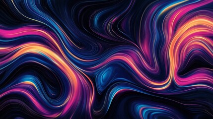 Abstract Swirling Liquid Art in Vibrant Colors - A mesmerizing abstract background with swirling, fluid lines in a palette of bright purple, blue, and orange. The lines flow and dance across the dark 