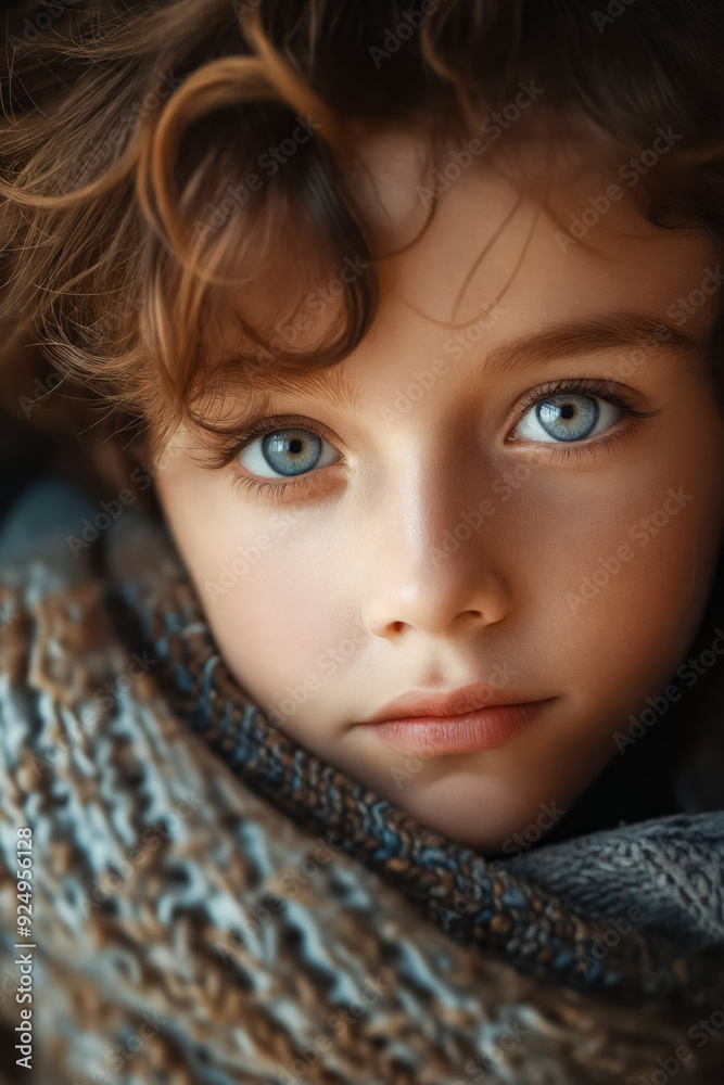 Poster a young girl with blue eyes wrapped in a blanket