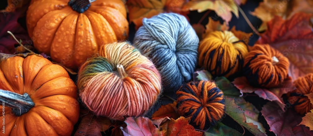 Poster Yarn pumpkins handmade decor. with copy space image. Place for adding text or design