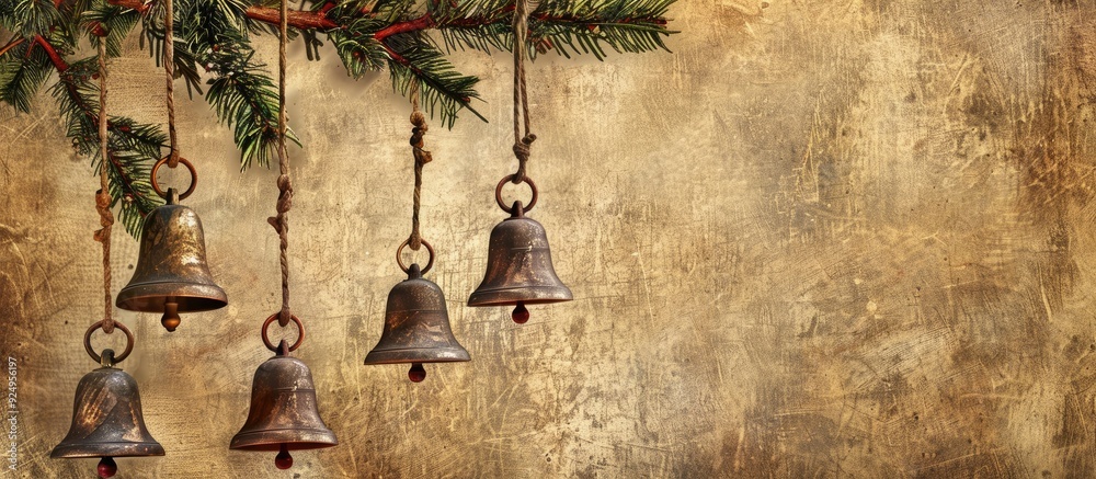 Wall mural rustic golden christmas bells set on hessian and a rustic backdrop. with copy space image. place for