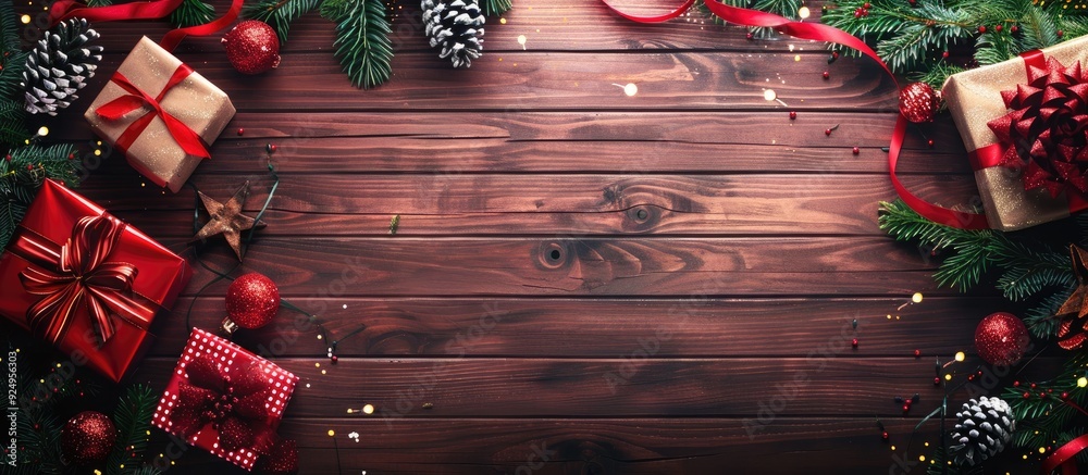 Aufkleber Christmas backdrop featuring decorations and gift boxes on a wooden surface. with copy space image. Place for adding text or design