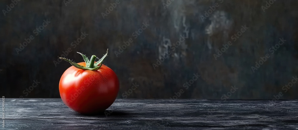 Leinwandbilder a single tomato on a rustic black wooden table. with copy space image. place for adding text or desi
