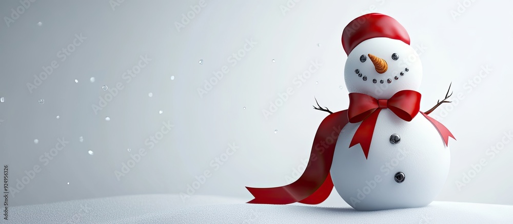 Poster A snowman adorned with a red ribbon against a white backdrop. with copy space image. Place for adding text or design