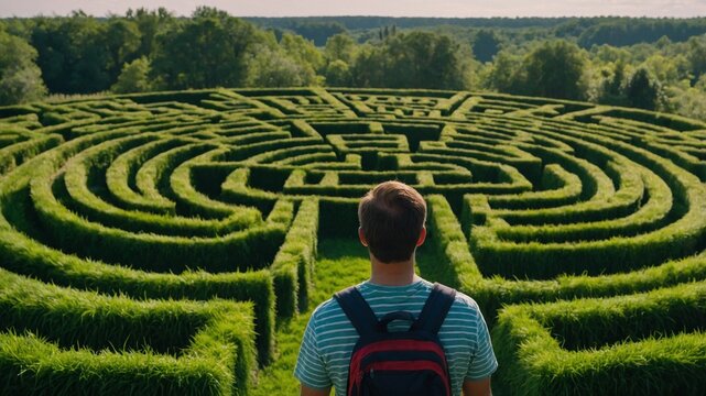 A person stands before an intricate garden maze