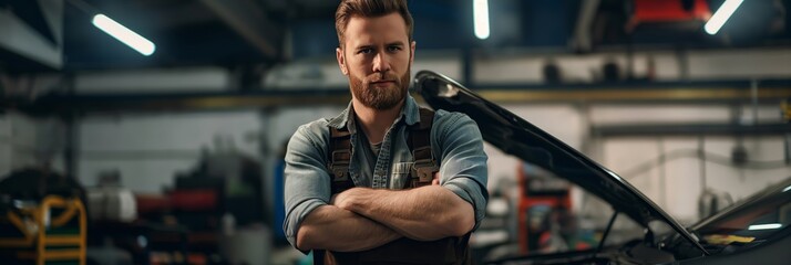 A bearded mechanic stands confidently at a workshop with arms crossed, displaying determination and expertise in automotive repair.