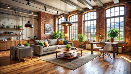 Cozy modern apartment with rustic charm, featuring exposed brick walls, sleek wooden flooring, and large windows allowing natural light to pour in freely.