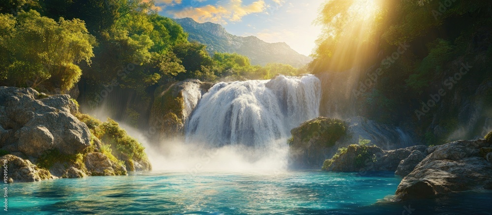 Poster Stunning waterfall Turquoise water cascades down from the mountain into the river. with copy space image. Place for adding text or design