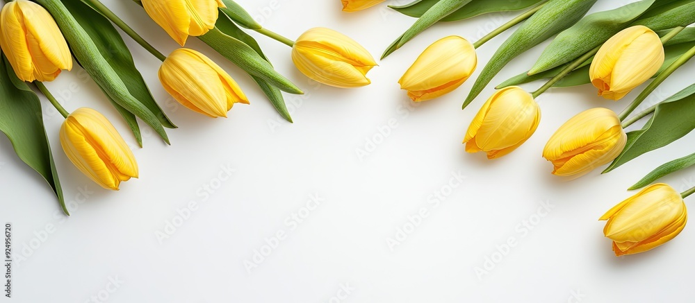 Poster beautiful arrangement of yellow tulips on a white background flat lay top view with copyspace for yo