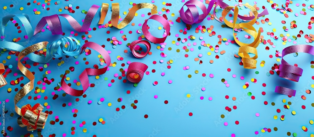 Poster Arrangement featuring Christmas ribbons and confetti on a blue background. with copy space image. Place for adding text or design
