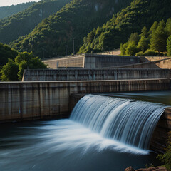  A serene view of a water dam, showcasing its massive structure against a clear blue sky and reflecting water below