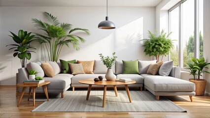 Cozy modern living room with sectional sofa, coffee table, and plants, set against a serene white background, evoking a sense of calm and tranquility.