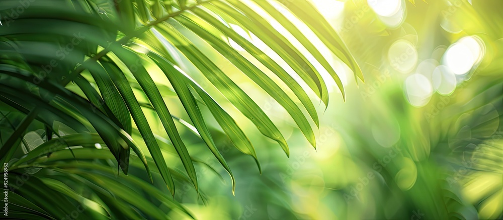 Poster Blurred abstract depiction of a tropical leaf for your design wallpaper or background. with copy space image. Place for adding text or design