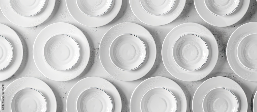 Fototapete White empty plates on a white culinary backdrop Kitchen and cooking template mock up Top view. with copy space image. Place for adding text or design