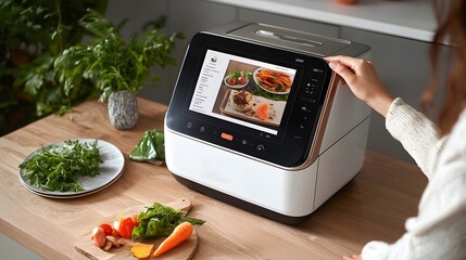 User programming an automatic cooking machine with a personalized touchscreen meal planning