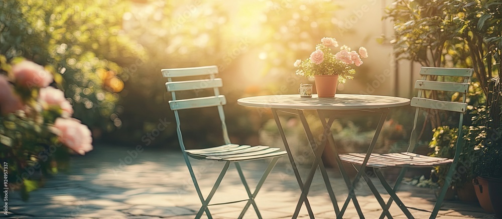 Poster empty table and chair on the patio in the garden vintage light filter. with copy space image. place 