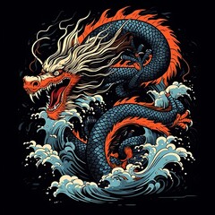 A majestic dragon emerging from turbulent waves, showcasing vibrant colors and dynamic motion