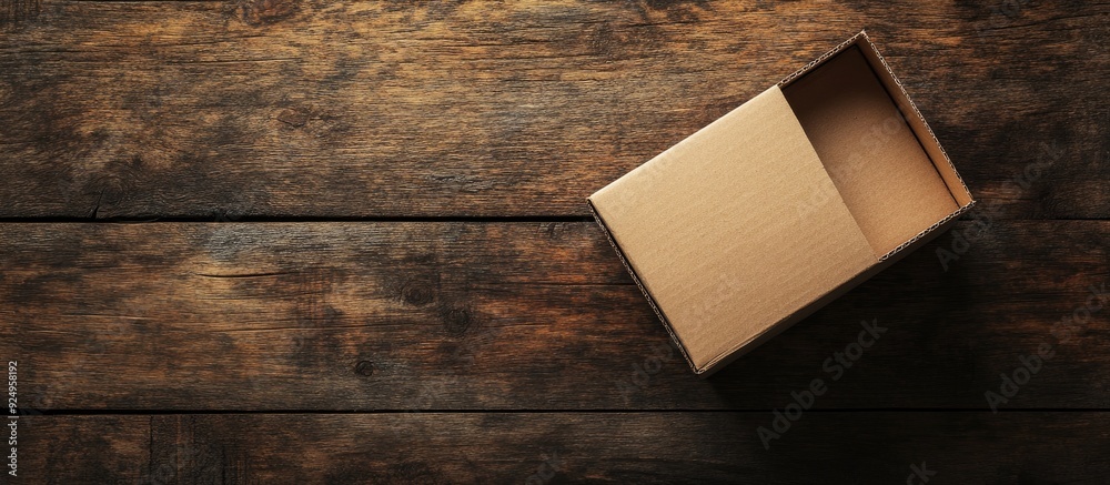Poster Mockup of an empty brown trapezoidal cardboard box on an old wooden table seen up close Top view flat lay and space for text Banner. with copy space image. Place for adding text or design