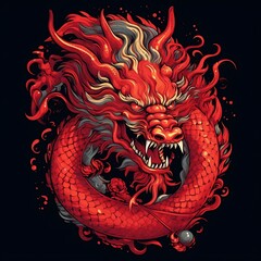 A fierce red dragon encircles itself, displaying vibrant scales and fiery mane, against a dark background, showcasing traditional Asian art
