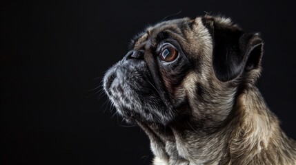A close-up portrait of a pug with expressive eyes, set against a dark background, highlighting the dog's endearing features and personality in fine detail.