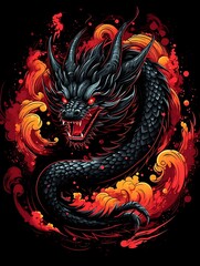A majestic black dragon coiling through vibrant flames and smoke, contrasting boldly against a dark background