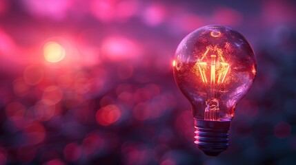 Illustration of a 3D render of a single glowing lightbulb hanging against a deep purple background. 