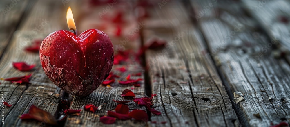 Poster Red heart shaped candles burning on a rustic white wooden table Background for Valentine s Day and Mother s Day Toned image with soft focus. with copy space image. Place for adding text or design