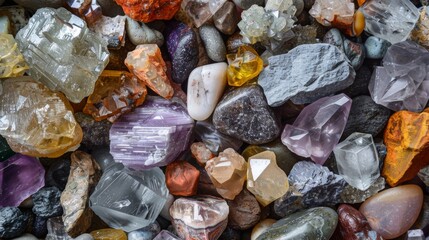 An extensive collection of assorted gemstones and minerals, including quartz and amethyst, artfully arranged on various rocks, displaying natural beauty and rich colors.