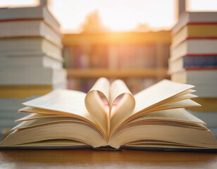 Fototapeta premium An open book with pages folded into a heart shape, surrounded by more books. National Read a Book Day Concept