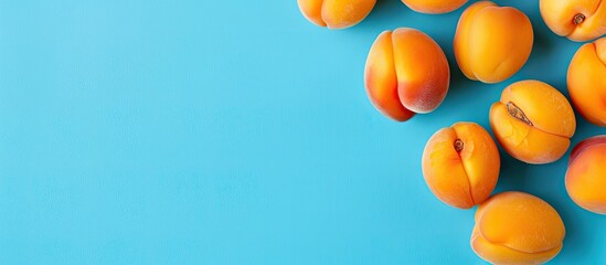 Delicious appealing apricots set against a blue background. with copy space image. Place for adding text or design