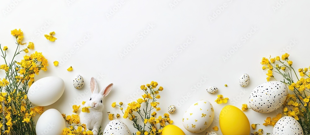 Poster yellow and white eggs yellow flowers and an easter bunny on a white background food displayed on a c