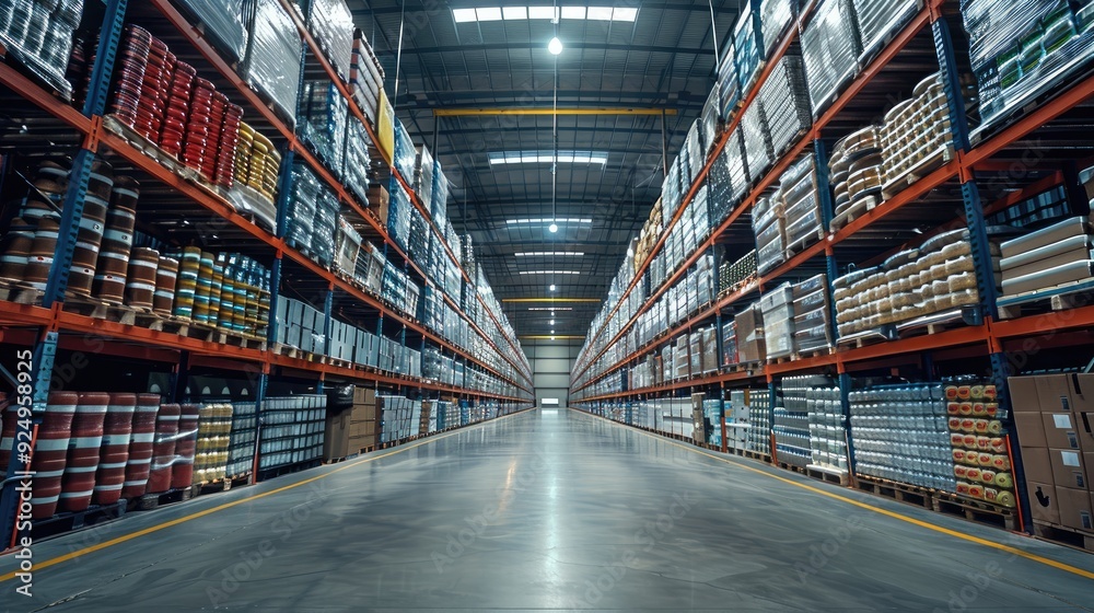 Poster a large industrial warehouse with rows of shelves filled with products. generative ai.