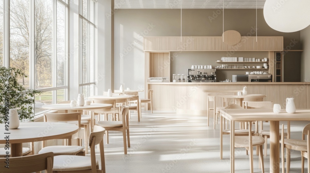 Aufkleber a modern cafe features wooden tables and chairs, large windows allowing natural light, and a minimal