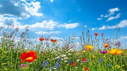 Expansive Open Field of Swaying Wildflowers Under Bright Blue Sky