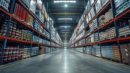 Fototapeta premium A large industrial warehouse with rows of shelves filled with products. Generative AI.