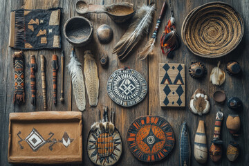 Variety of intricately crafted objects arranged on a weathered wooden surface, celebrating the rich heritage and craftsmanship of native american culture