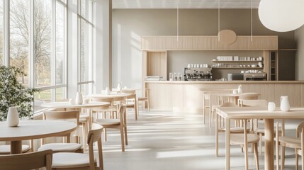 A modern cafe features wooden tables and chairs, large windows allowing natural light, and a minimalistic counter setup.