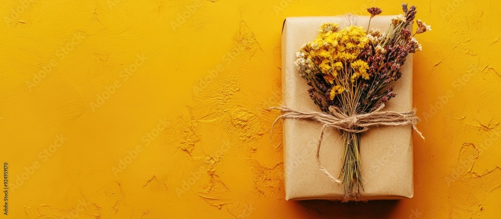Poster handcrafted gift box wrapped in craft paper and adorned with dried flowers set against a yellow back