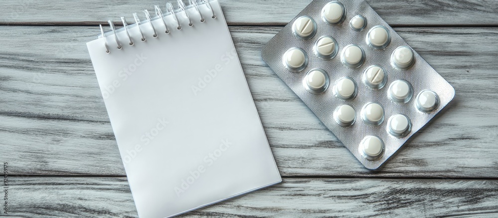 Aufkleber A notepad with a blank white sheet on checkerboard paper along with a blister pack of pills rests against a backdrop of wooden boards. with copy space image. Place for adding text or design
