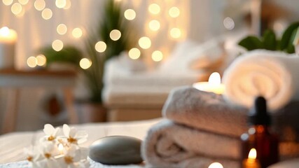Soft towels and essential oils arranged with candles create a calming atmosphere in a peaceful spa environment.