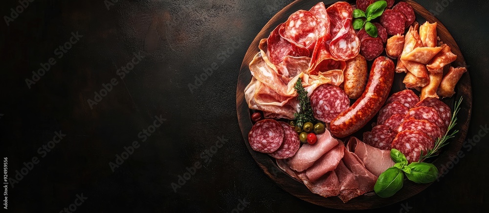 Aufkleber salami sausage prosciutto bacon meat antipasto platter cold meat plate catering menu recipe. with co
