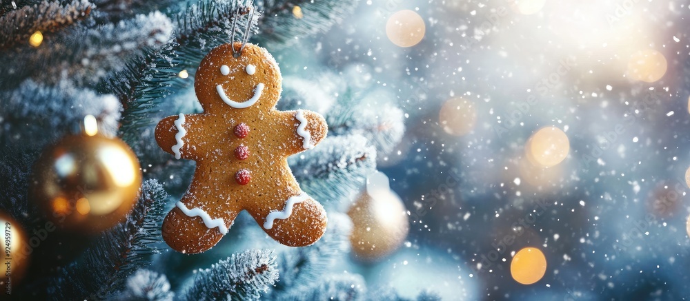 Aufkleber Gingerbread man ornament on a Christmas tree with snow falling. with copy space image. Place for adding text or design