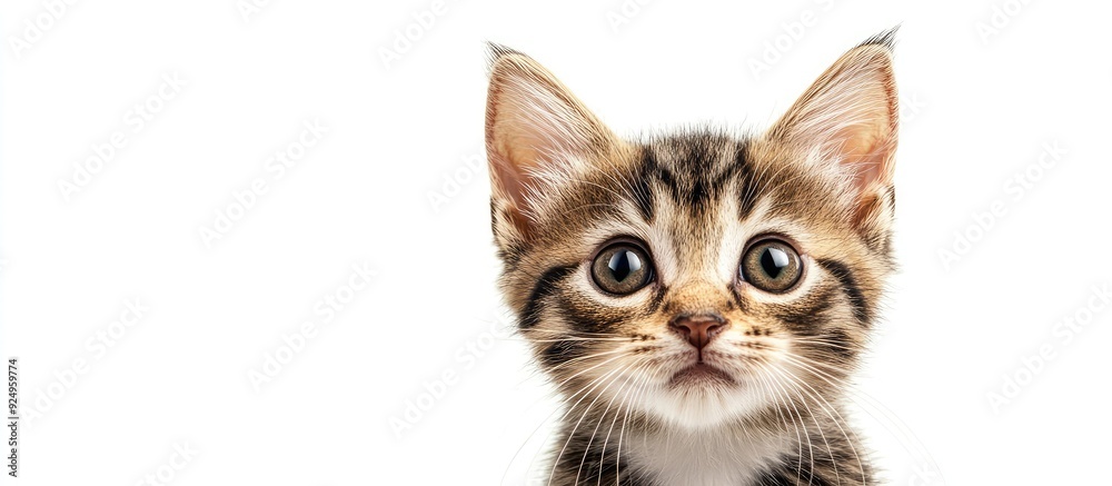Poster Portrait of an adorable European kitten set against a white background Animal portrait. with copy space image. Place for adding text or design