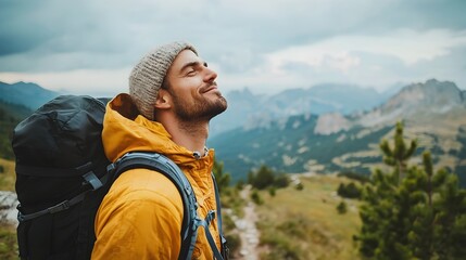 Naklejka premium Hiker Enjoying Panoramic Mountain Trail with Breathtaking Views
