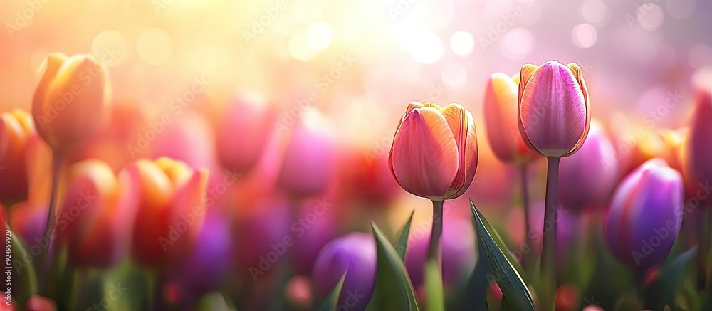 Poster Vibrant tulips bloom in spring creating a bokeh floral backdrop pastel and soft for a card with a selective focus A colorful tulip field is highlighted with selective focus Background of nature flowe