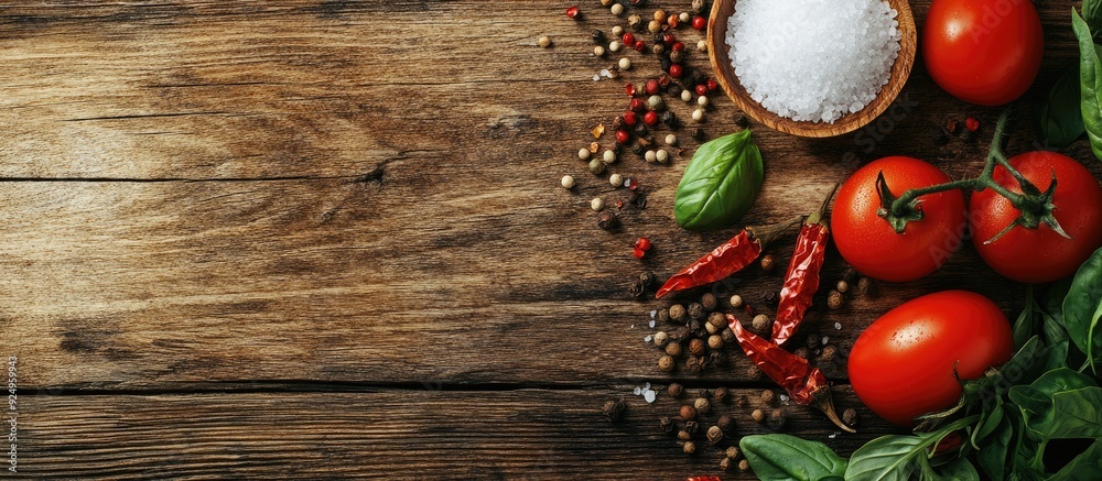 Leinwandbilder pepper tomato salt and various spices on a wooden surface. with copy space image. place for adding t