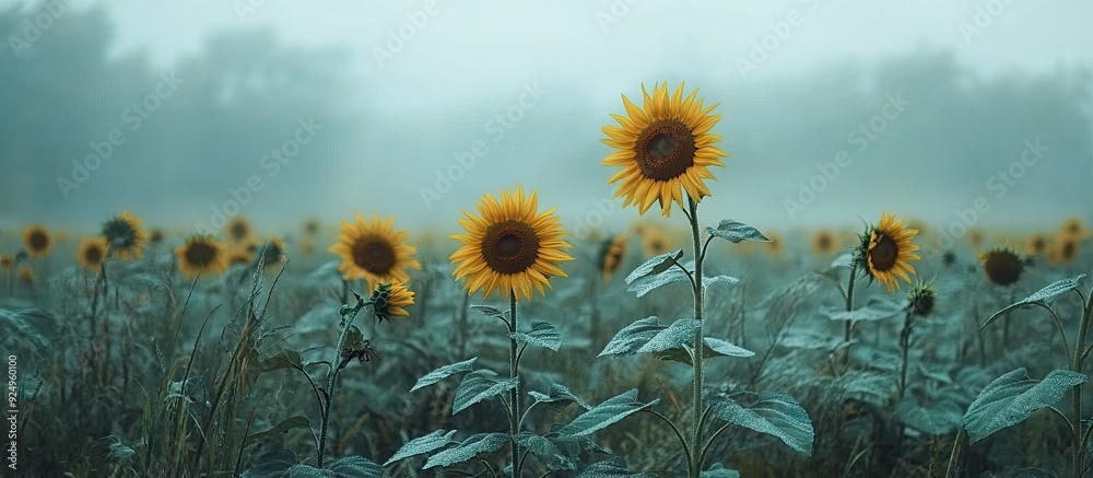 Poster Field of sunflowers in morning mist meadow shrouded in fog morning fog over the field. with copy space image. Place for adding text or design